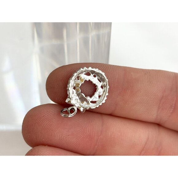 Christmas Wreath Green & Red Rhinestone 925 Sterling Silver Vintage Pendant - Picture 5 of 10